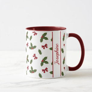 Red Bows und Weihnachts Holly Pflanze Muster & Nam Tasse