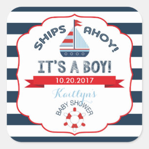 Red Boy Baby Dusche Label für Nautical Sailboat Quadratischer Aufkleber