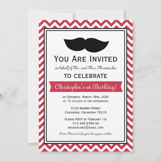 Red Boy Mustache Zickzack Geburtstagsparty Einladung (Vorderseite)