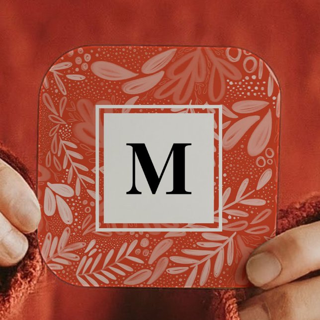 Red Bramble | Festive Botanische Monogramm Quadratischer Aufkleber (Red Bramble | Festive Botanical Monogram Square Sticker)