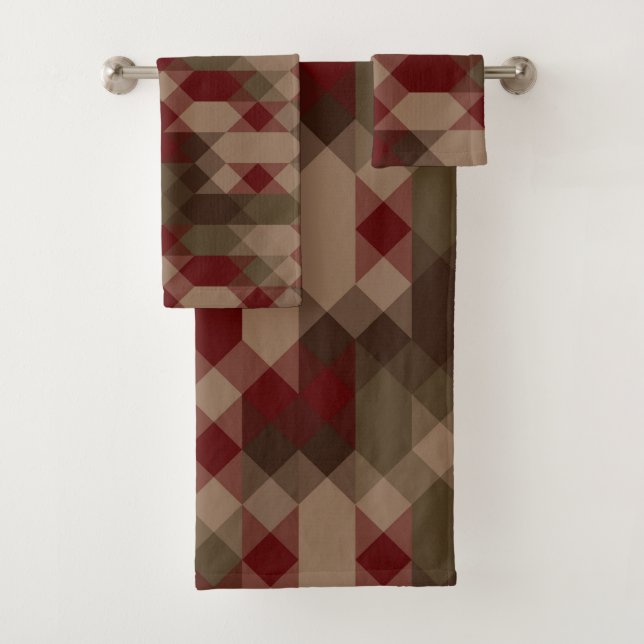 Red bronze and olive geometric badhandtuch set (Insitu)