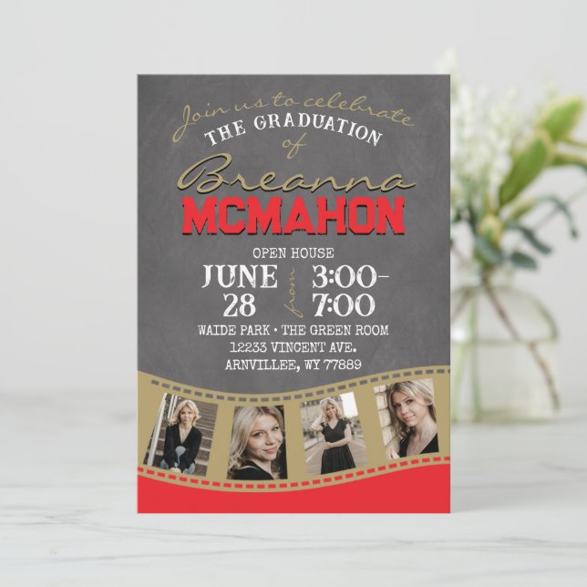 Red & Bronze Gold Chalkboard Filmstrip Abschluss Einladung (Stehend Vorderseite)