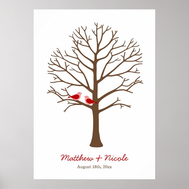Red Brown Birds Fingerprint Tree Hochzeit Poster (Vorne)