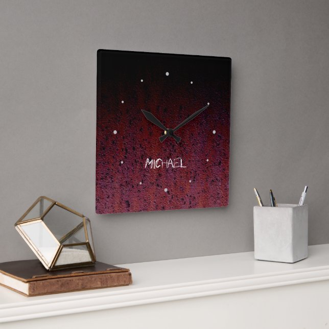 Red Brown Black Ombre Rust Metal Individuelle Name Quadratische Wanduhr (Büro)