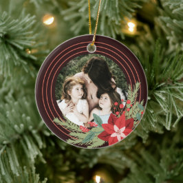Red Brown Circular Christmas Foto Poinsettia Flora Keramik Ornament