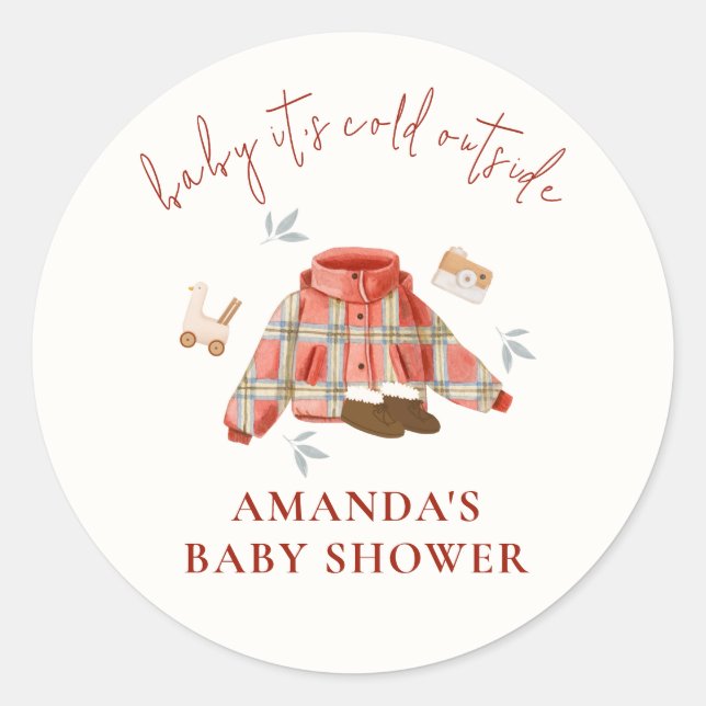 Red Brown Kariert Winterspielzeug Kleidung Kinderd Runder Aufkleber (Vorderseite)