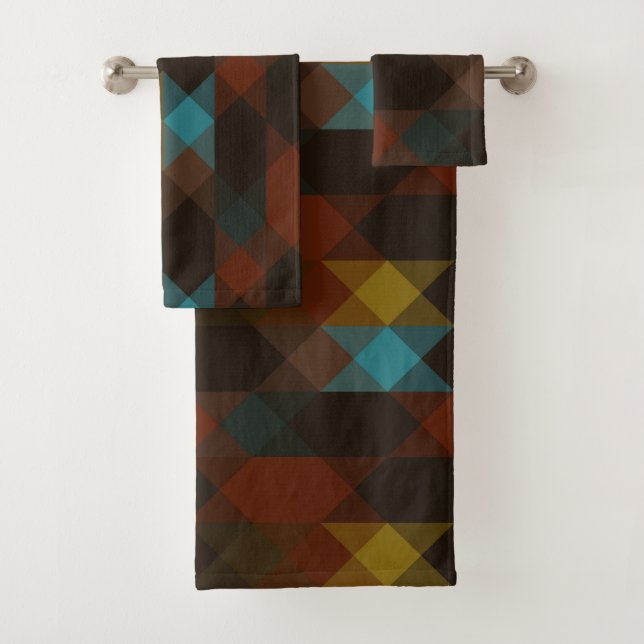 red brown olive yellow and turquoise badhandtuch set (Insitu)