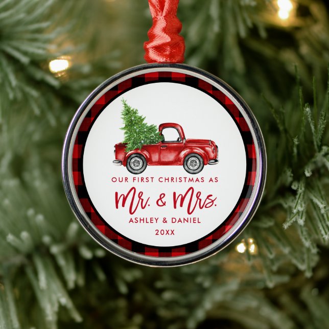 Red Brush Script Truck Erste Weihnachtsfeier Karie Ornament Aus Metall (Baum)
