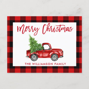Red Brush Script Vintag Truck Weihnachten Kariert Postkarte