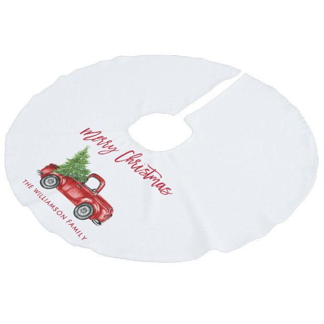 Red Brush Script Vintag Truck Weihnachten Leinenimitat Weihnachtsbaumdecke (Schrägansicht)