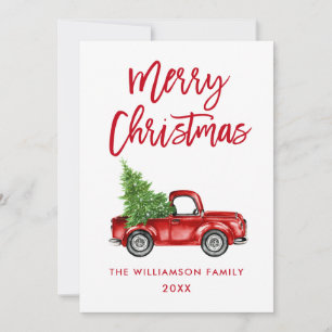 Red Brush Script Vintag Truck Weihnachtsbaum Feiertagskarte
