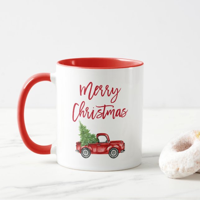 Red Brush Script Vintag Truck Weihnachtsbaum Red Tasse (Mit Donut)