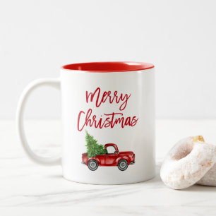 Red Brush Script Vintag Truck Weihnachtsbaum Zweifarbige Tasse