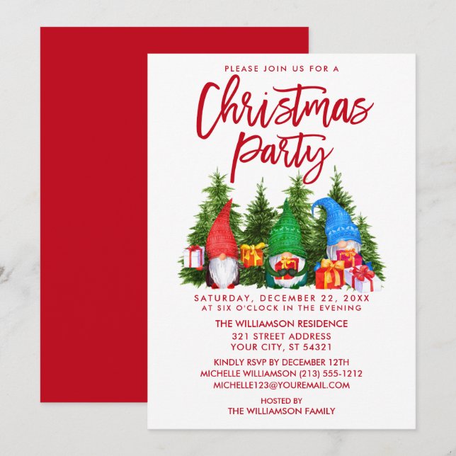 Red Brush Script Watercolor Gnomes Weihnachts-Part Einladung (Vorne/Hinten)