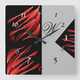Red Brush Shades Black Pattern Square Wall Clock Quadratische Wanduhr