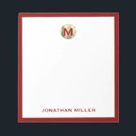 Red Brushed Gold Monogram Notepad Notizblock<br><div class="desc">Mit diesem luxuriösen, personalisierten Notizblock mit einem prägnanten, metallisch geprägten Monogramm, das oben als Monogramm verwendet wird, und dem Namen in klassischer Typografie am unteren Ende, elegant gerahmt in Rot. Dieses Notizblock ist ideal zum Zusammentragen von Ideen, Notizen oder Listen. Es ist ein tolles Geschenk für sich selbst oder jemanden,...</div>