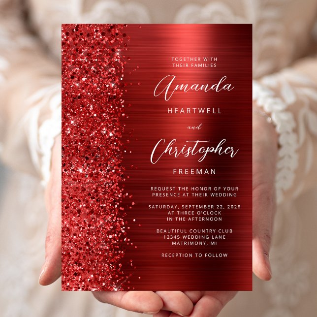 Red Brushed Metal Glitter Script Hochzeit Einladung (Von Creator hochgeladen)