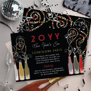 Red Bubbly Flaschen Wirbel Silvester Party Einladung