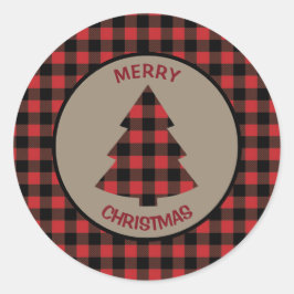 Red Buffalo Kariert Border Weihnachtsbaum Runder Aufkleber