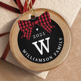 Red Buffalo Kariert Bow Monogram & Foto Wood Slice Keramik Ornament