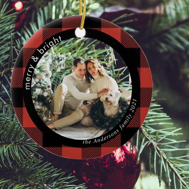 Red Buffalo Kariert Family Foto | Lustig und hell Keramik Ornament ("Merry And Bright Family Moments"
)