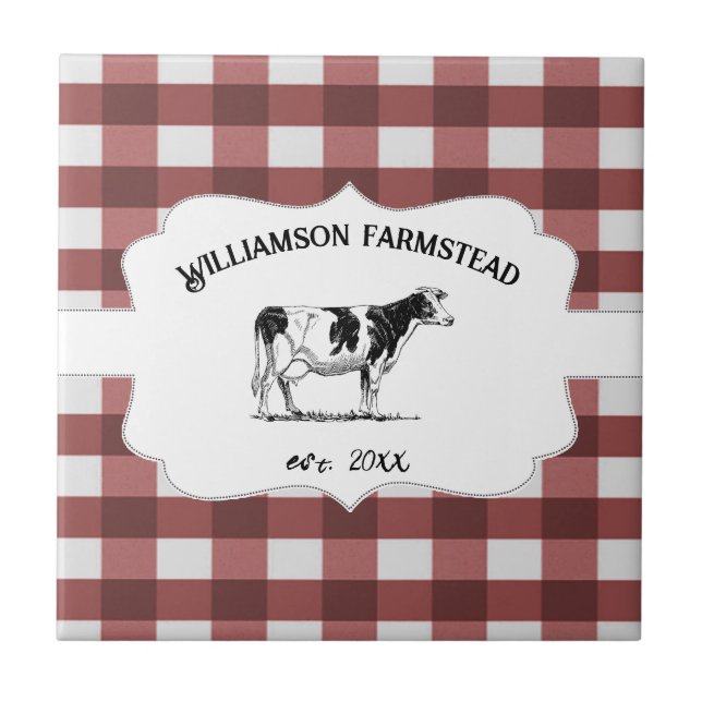 Red Buffalo Kariert Farm Cow Decorative Fliese (Vorderseite)