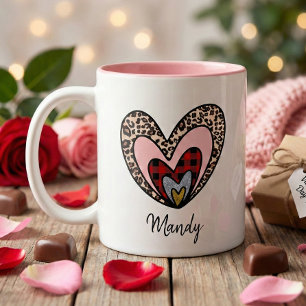 Red Buffalo Kariert Leopard Print Heart Valentines Zweifarbige Tasse
