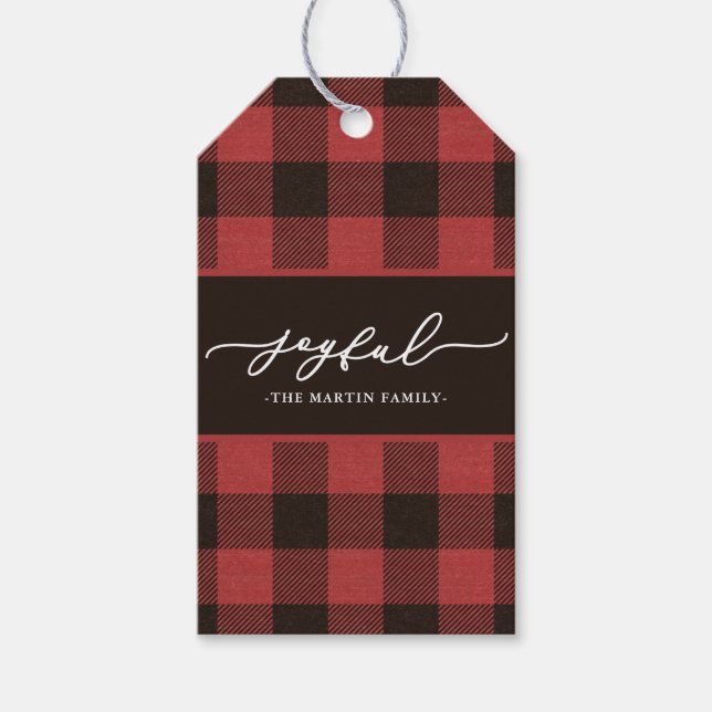 Red Buffalo Kariert mit Joyful Script Christmas Geschenkanhänger (Vorderseite)