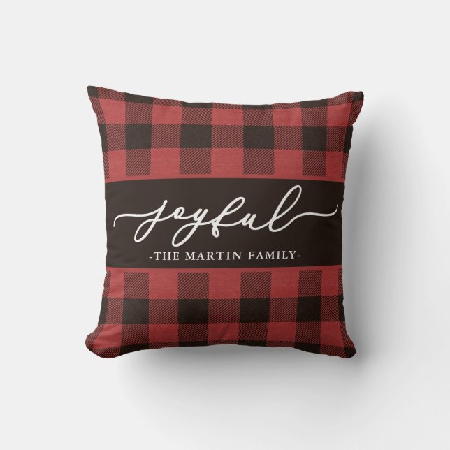 Red Buffalo Kariert mit Joyful Script Christmas Kissen (Vorderseite)