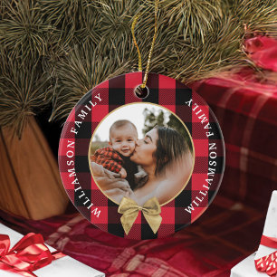 Red Buffalo Kariert Pattern Gold Bow Family Foto Keramik Ornament