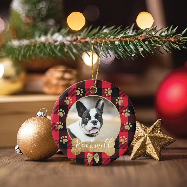 Red Buffalo Kariert Pattern Gold Bow Family Foto Keramik Ornament (Red Buffalo Plaid Pattern Gold Bow Family Photo Ceramic Ornament)