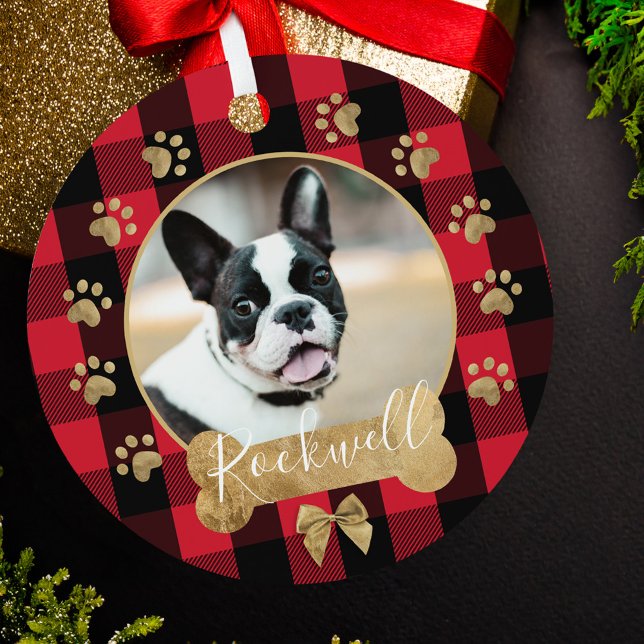 Red Buffalo Kariert Pattern Gold Bow Family Foto Ornament Aus Metall (Red Buffalo Plaid Pattern Gold Bow Family Photo Metal Ornament)