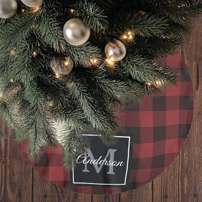 Red Buffalo Kariert | Persönliche Initialzündung | Polyester Weihnachtsbaumdecke (Von Creator hochgeladen)