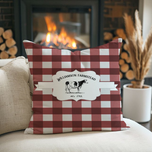 Red Buffalo Karierte Farm Cow Throw Kissen (Red Buffalo Plaid Farm Cow Throw Pillow)