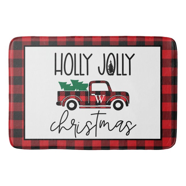 Red Buffalo Karierter Vintager Lkw & Baummonogramm Badematte (Vorderseite)