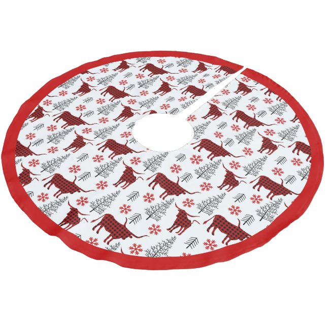 Red Buffalo Kariertes länghorn Muster Polyester Weihnachtsbaumdecke (Schrägansicht)