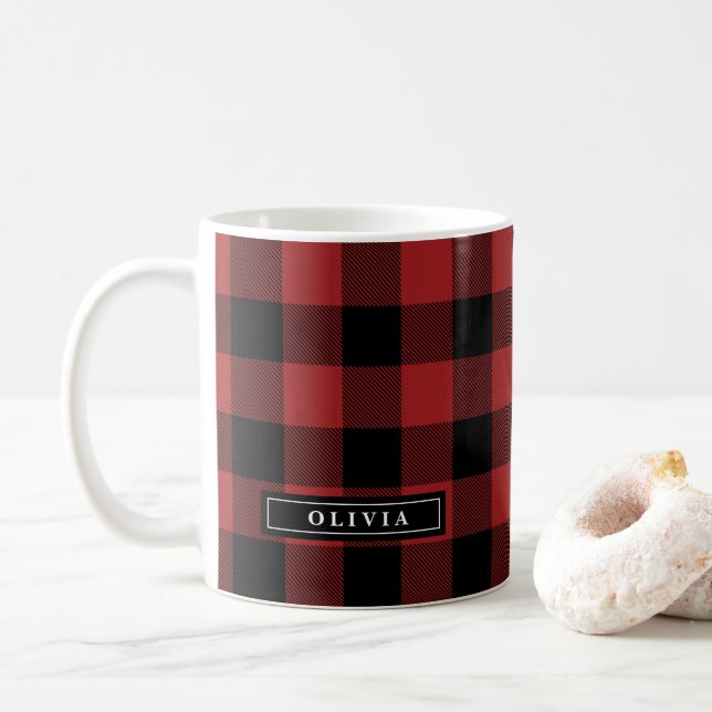 Red Buffalo Kariertes Muster Mit Monogramm Tasse (Mit Donut)