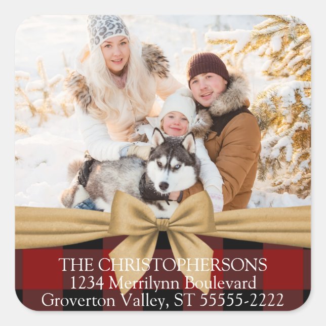 Red Buffalo Karo & Bow Foto Rücksendeadresse Quadratischer Aufkleber (Vorderseite)