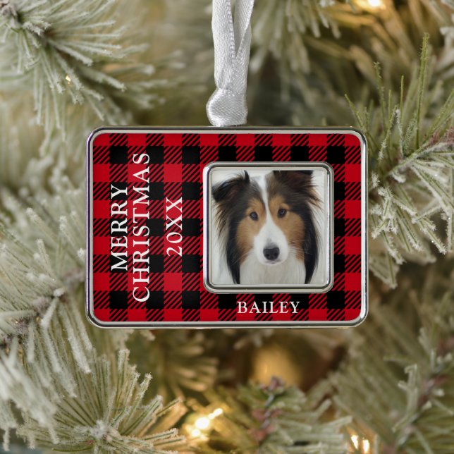 Red Buffalo Karo Dog Foto Personalisiert Rahmen-Ornament Silber (Baum)