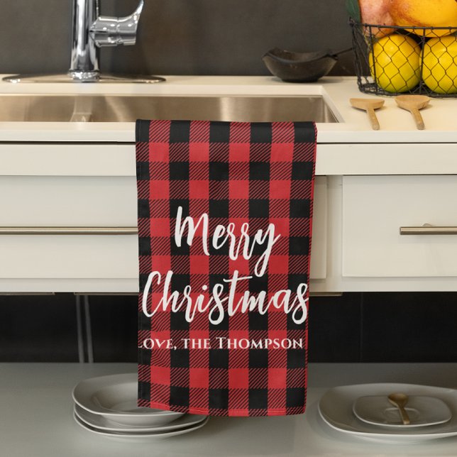 Red Buffalo Karo Frohe Weihnachten Custom Geschirrtuch (Merry Christmas red and black buffalo check custom kitchen towel. )