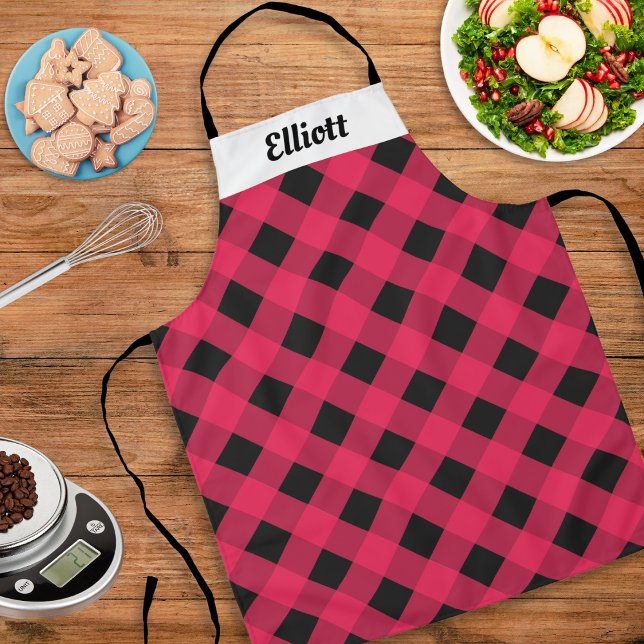 Red Buffalo Karo Kariert Custom Moderne Küche Schürze (An eye-catching apron with red buffalo plaid pattern. Personalize with a name at the top)