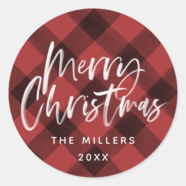 Red Buffalo Karo Pattern Familienname Runder Aufkleber (Vorderseite)