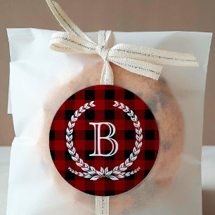 Red Buffalo Karo Pattern Monogram Runder Aufkleber