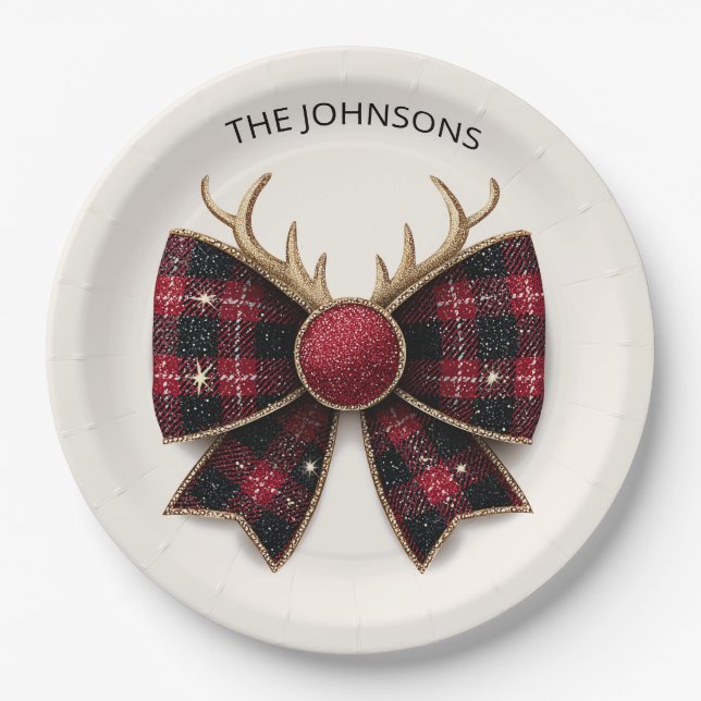 Red Buffalo Plaid Christmas Bow Paper Plates Pappteller (Vorderseite)