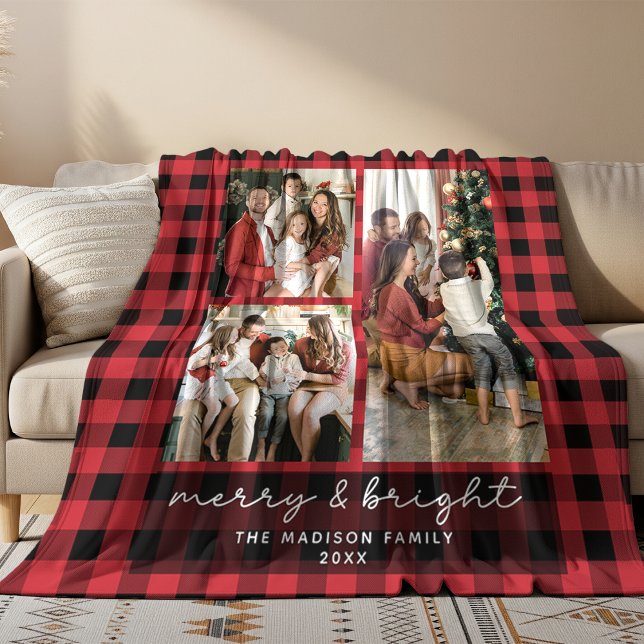 Red Buffalo Plaid Merry & Bright Christmas Photo Fleecedecke (Von Creator hochgeladen)