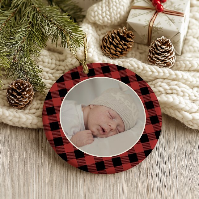 RED BUFFALO PLAID NAME Photo Christmas Keepsake Ornament (Von Creator hochgeladen)