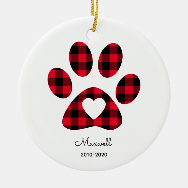 Red Buffalo Plaid Paw Print White Heart Keramik Ornament (Vorne)
