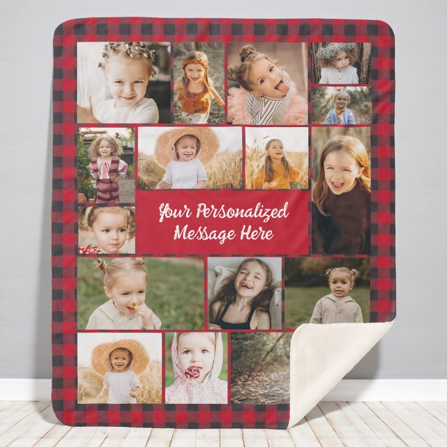 Red Buffalo Plaid Personalized 16 Photo Collage Sherpadecke (Von Creator hochgeladen)