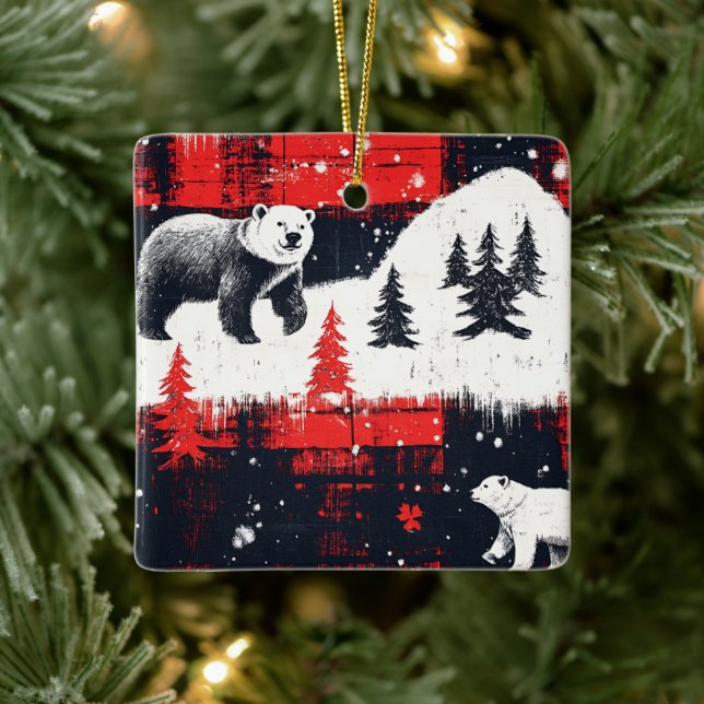Red Buffalo Plaid Polar Bear Keramikornament (Baum)