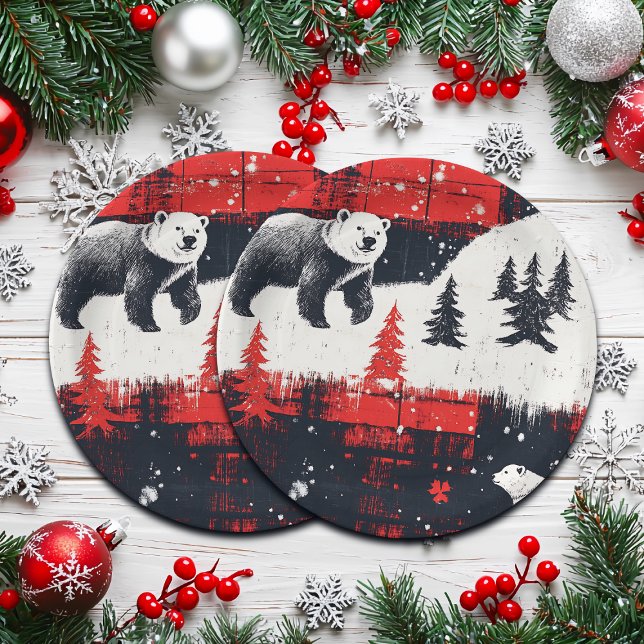 Red Buffalo Plaid Polar Bear Pappteller (Von Creator hochgeladen)